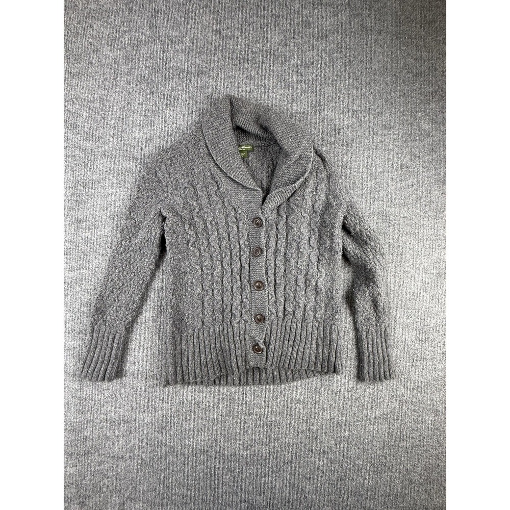 Eddie Bauer Cardigan Sweater Womens Small Gray Lambswool Cable Knit Shawl Collar